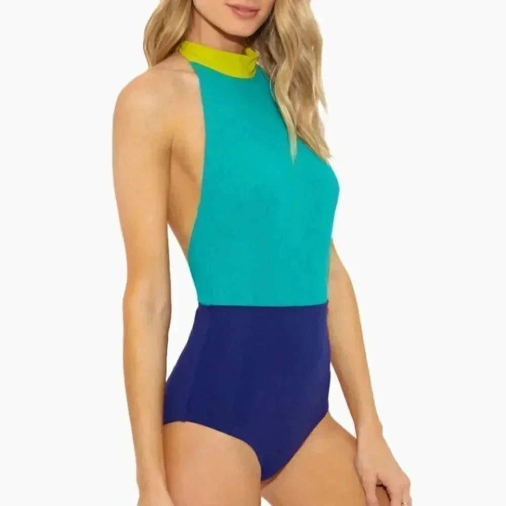 FLAGPOLE NYC May Sea Green Blue Colorblock Halter One Piece Swimsuit Size Small